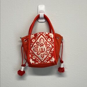 American & Beyond |Orange Beaded Mini Tote/Bucket Bag w/ Beaded Crossbody Strap